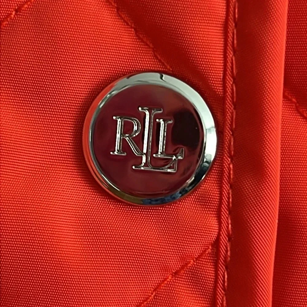 Ralph Lauren Quilted Embroidered Crest Patch Vest Zip Snap Lined Orange Sz S NWT - Picture 7 of 16